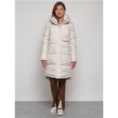 Пальто утепленное с капюшоном зимнее женское бежевого цвета 133208B