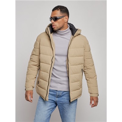 Куртка спортивная мужская зимняя с капюшоном бежевого цвета 8357B