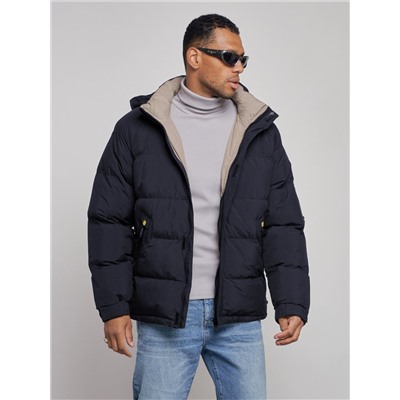 Куртка спортивная болоньевая мужская зимняя с капюшоном темно-синего цвета 3111TS