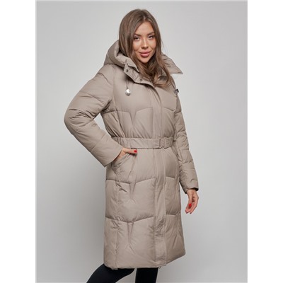 Пальто утепленное молодежное зимнее женское светло-коричневого цвета 52332SK
