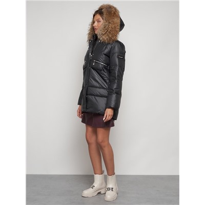 Куртка зимняя женская модная с мехом черного цвета 132298Ch