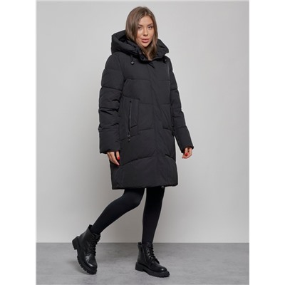 Пальто утепленное молодежное зимнее женское черного цвета 52363Ch