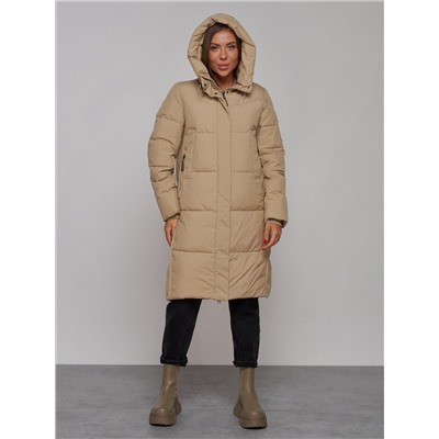 Пальто утепленное молодежное зимнее женское светло-коричневого цвета 52328SK