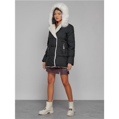 Куртка зимняя женская модная с мехом черного цвета 133120Ch