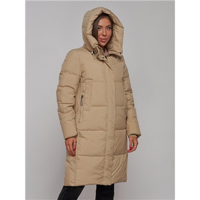 Пальто утепленное молодежное зимнее женское светло-коричневого цвета 52328SK