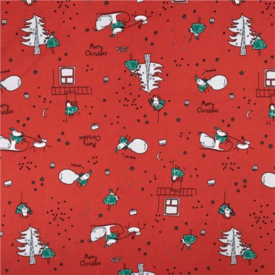 Ткань на отрез кулирка R4451-V3 Дед мороз с подарками цвет красный