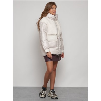 Куртка зимняя женская модная из овчины бежевого цвета 13335B