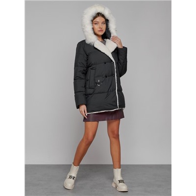 Куртка зимняя женская модная с мехом черного цвета 133120Ch