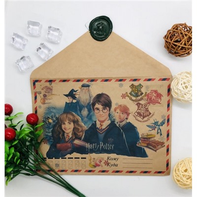 Новогоднее письмо из Хогвардс от Гарри Поттера в конверте с 2 подарками со знаками факультетов
