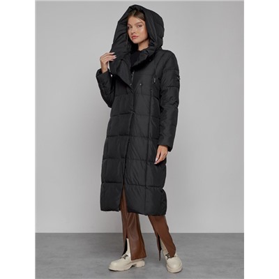 Пальто утепленное с капюшоном зимнее женское черного цвета 13363Ch