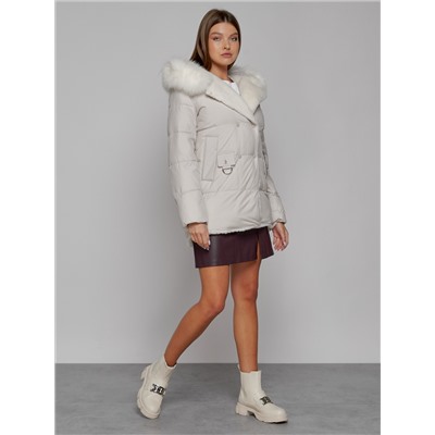 Куртка зимняя женская модная с мехом бежевого цвета 133120B