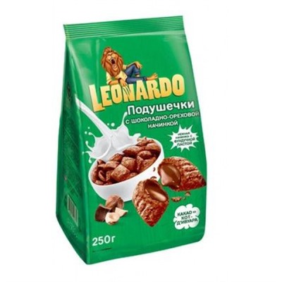 «Leonardo», готовый завтрак «Подушечки с шоколадно-ореховой начинкой», 250 гр. KDV
