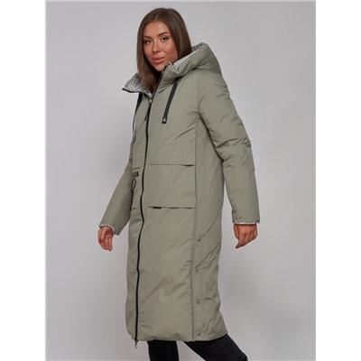 Пальто утепленное двухстороннее женское зеленого цвета 13343Z