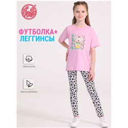 футболка+леггинсы 2ДДР5705001н; светло-розовый14+черный леопард на белом / Кот удачи