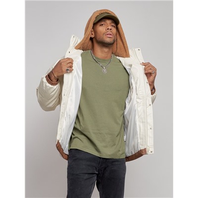 Куртка из экокожи мужская с плюшевым капюшон бежевого цвета 28132B