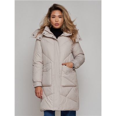 Пальто утепленное молодежное зимнее женское светло-серого цвета 52321SS
