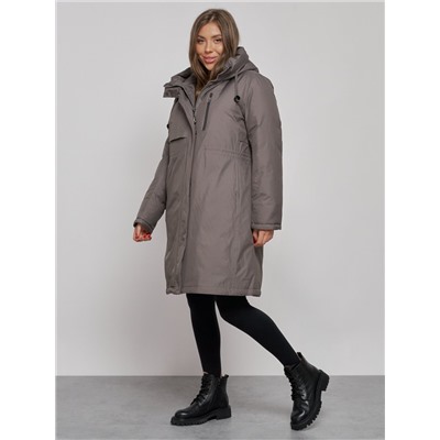 Пальто утепленное с капюшоном зимнее женское темно-серого цвета 52333TC