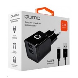 *Блок пит USB сетевой Qumo Energy (Charger 0024) 2.1A, встроенный кабель MicroUSB, черный