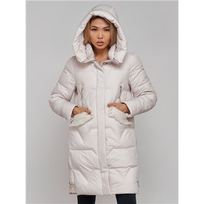 Пальто утепленное с капюшоном зимнее женское бежевого цвета 13332B