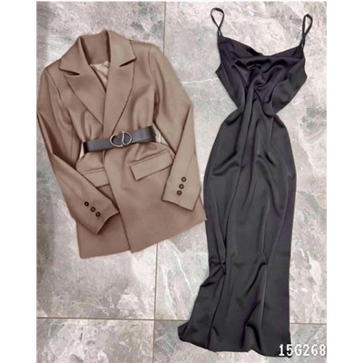 Комплект каппучино пиджак и платье с ремешком G268