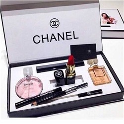 набор Chanel: Парфюм Chance Chanel Tender, Тушь с пушистой кисточкой (удлинения), Матовая помада в нюдовом оттенке, Черная подводка для глаз, Тональный крем Chanel