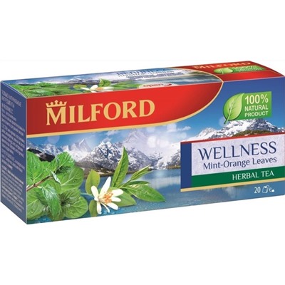Чай                                        Milford                                        Напиток чайный Веллнесс(чай зелен.,мята,лист апельс.,сем. гуараны,кориандр,матэ) 20 пак.х 2 гр. (12)