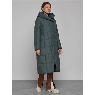 Пальто утепленное с капюшоном зимнее женское темно-зеленого цвета 13363TZ