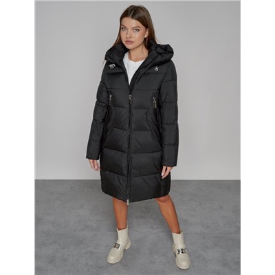 Пальто утепленное с капюшоном зимнее женское черного цвета 51155Ch