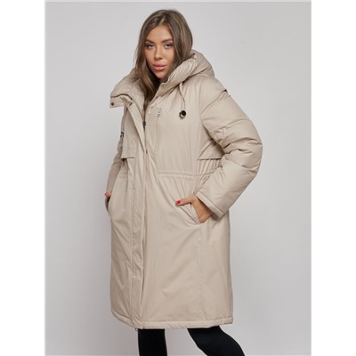 Пальто утепленное с капюшоном зимнее женское бежевого цвета 52333B