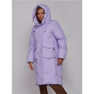 Пальто утепленное молодежное зимнее женское фиолетового цвета 52330F