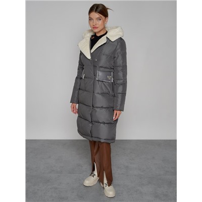 Пальто утепленное с капюшоном зимнее женское темно-серого цвета 1322367TC