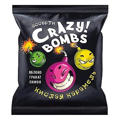 Кондитерские изделия                                        Яшкино                                         Карамель кислая (яблоко,гранат,лимон) Crazy bombs!, 90 гр. (24)