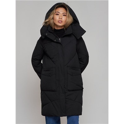 Пальто утепленное молодежное зимнее женское черного цвета 52321Ch