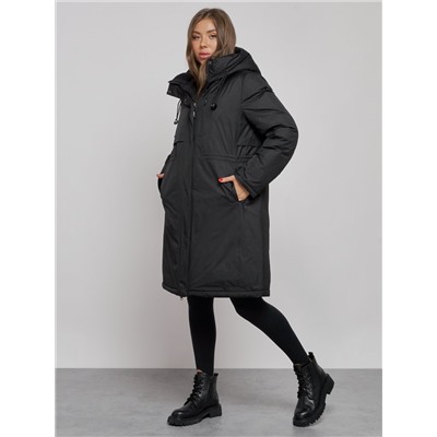 Пальто утепленное с капюшоном зимнее женское черного цвета 52333Ch
