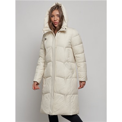 Пальто утепленное молодежное зимнее женское бежевого цвета 52332B