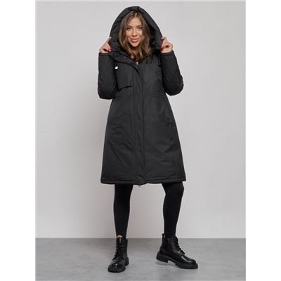Пальто утепленное с капюшоном зимнее женское черного цвета 52333Ch