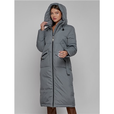 Пальто утепленное с капюшоном зимнее женское серого цвета 133159Sr
