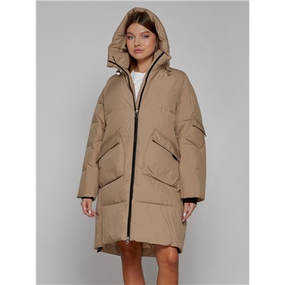 Пальто утепленное с капюшоном зимнее женское светло-коричневого цвета 51139SK