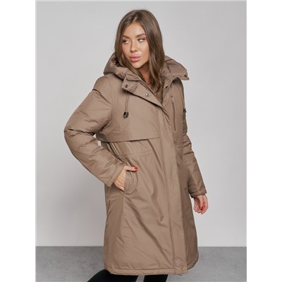 Пальто утепленное с капюшоном зимнее женское коричневого цвета 52333K