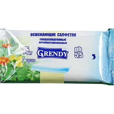 Влажные салфетки Grendy (Гренди) 7 трав, 15 шт