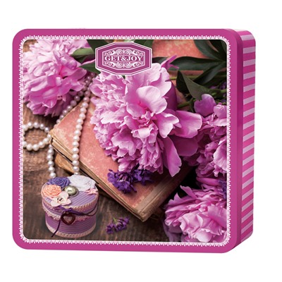 Чай                                        Get&joy                                        Шкатулка квадрат "Пионы" розовая 100 гр., ОРА, ж/б (30) (6905) NEW