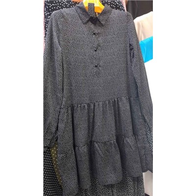 Платье с поясом в мелкий горошек верх пуговки черное O114