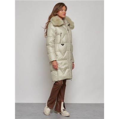Пальто утепленное с капюшоном зимнее женское светло-зеленого цвета 13305ZS
