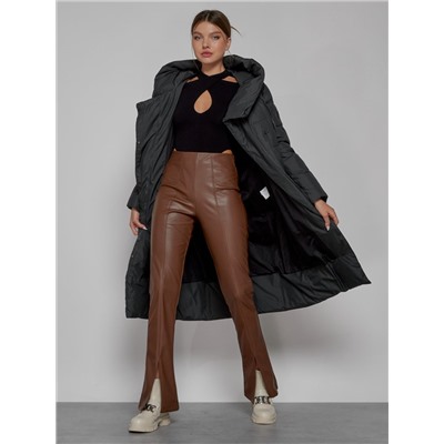 Пальто утепленное с капюшоном зимнее женское темно-серого цвета 13363TC