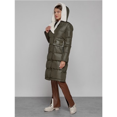 Пальто утепленное с капюшоном зимнее женское цвета хаки 1322367Kh