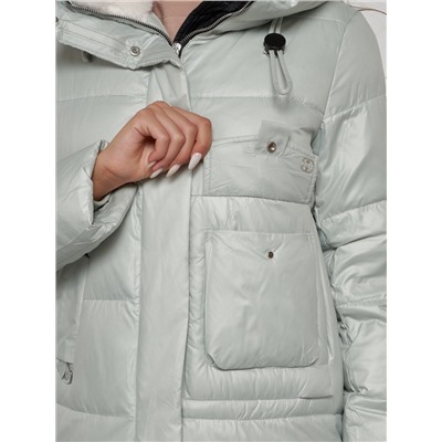 Пальто утепленное с капюшоном зимнее женское светло-зеленого цвета 133127ZS