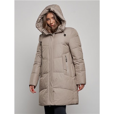 Пальто утепленное молодежное зимнее женское бежевого цвета 52363B