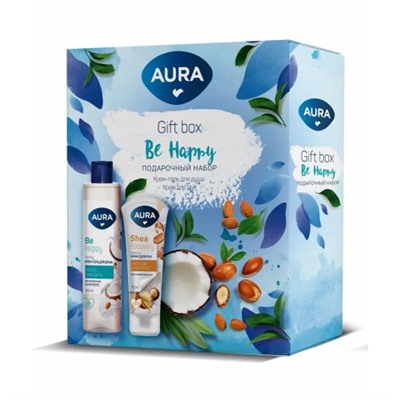 Подарочный набор Aura Beauty Вe Happy: крем-гель для душа Кокос и миндаль + крем для рук восстанавливающий с маслом ши