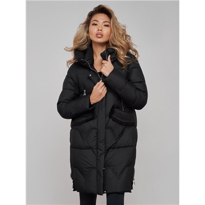 Пальто утепленное с капюшоном зимнее женское черного цвета 13332Ch