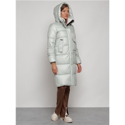 Пальто утепленное с капюшоном зимнее женское светло-зеленого цвета 133127ZS